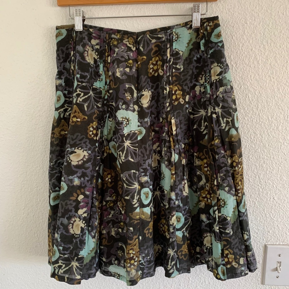 J. Jill Women 8P Petite Cotton Silk Floral Pleated A-Line Midi Skirt Black Teal